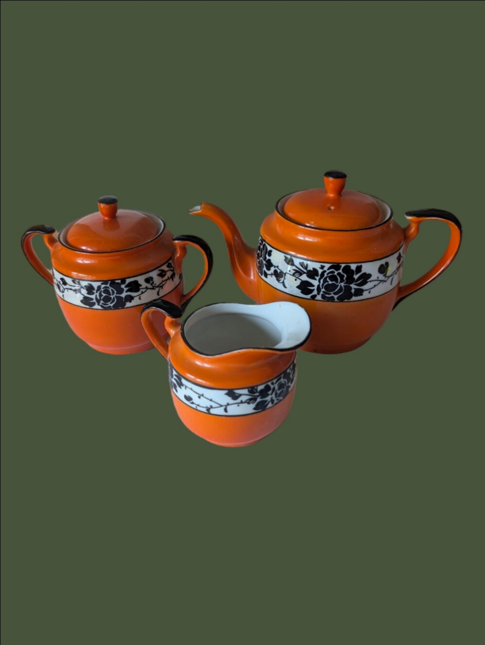 Vintage Tea Set Art Deco 1920-30 Orange Black Floral Accent Teapot